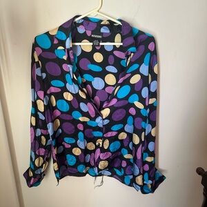 NOTATIONS Silk Polka Dot Button-Up Blouse with Purple & Teal Accents